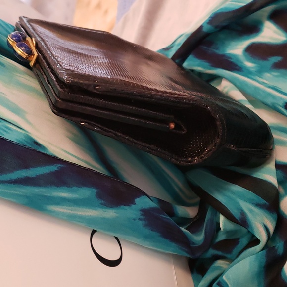 Gucci Vintage Rare Black Lizzard LAPIS STONE Beads Shoulder Clutch Bag GORGEOUS! - Picture 8 of 15